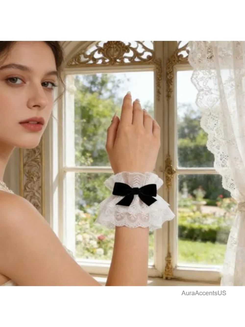 Floral Lace Wrist Cuffs Elastic Bow Hand Sleeve Gloves Wedding Party Decor